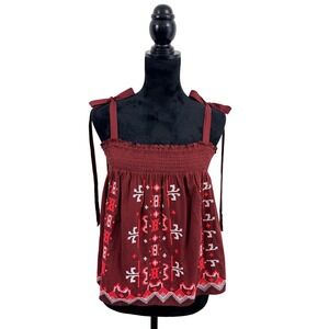Anthropologie Burgundy Embroidered Smocked Tie Strap Boho Cami Top SM  Peasant